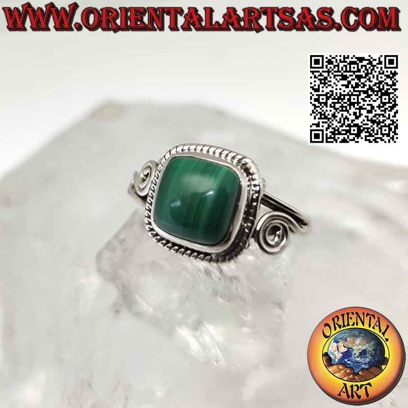 Silver ring with square cabochon malachite surrounded by interweaving and spiral on the sides
