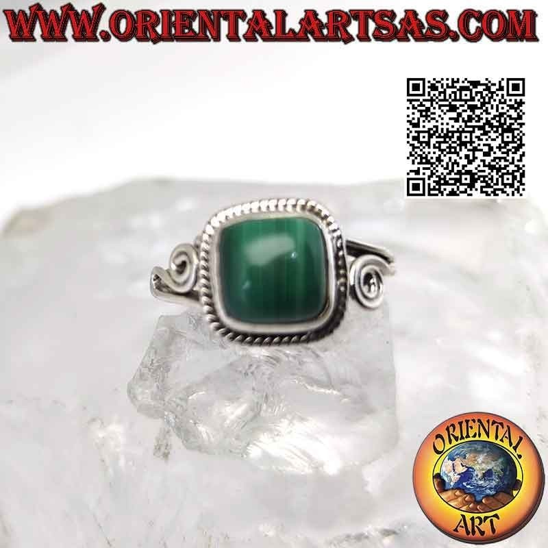 Silver ring with square cabochon malachite surrounded by interweaving and spiral on the sides