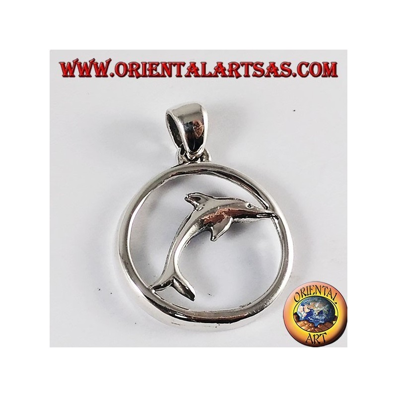 Silver Pendant dolphin jump in the circle