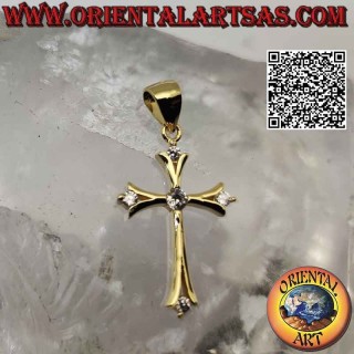 Silver pendant, smooth lily Latin cross with round zircons at the ends and in the center (gold plated)