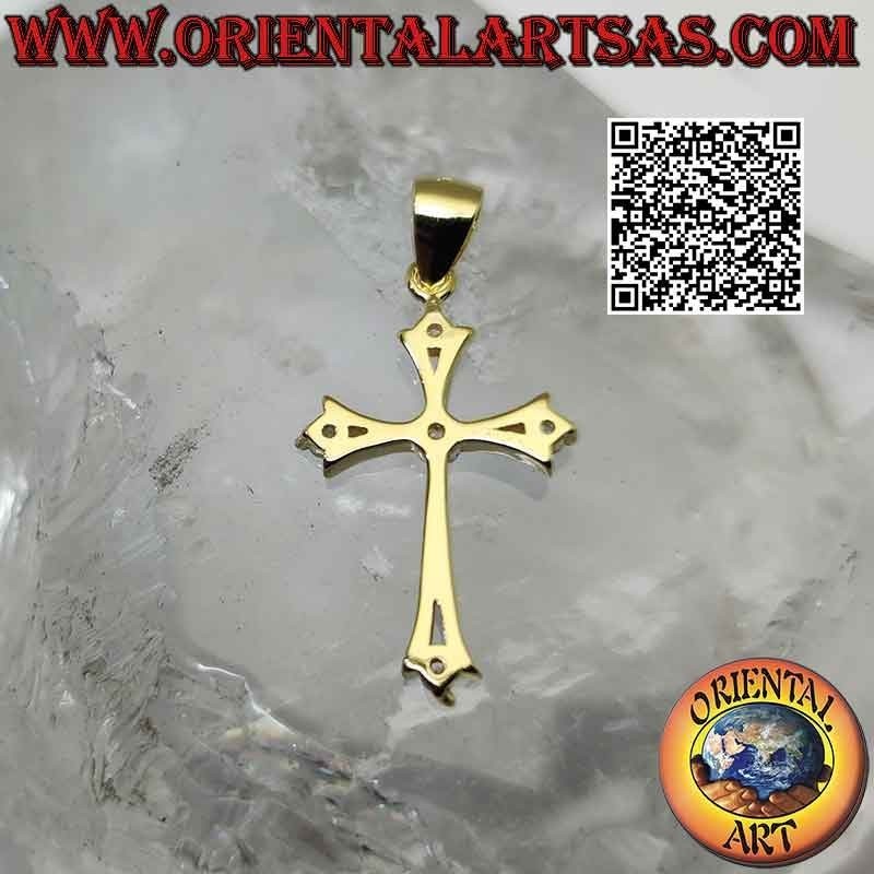 Pendentif en argent, croix latine lys lisse avec zircons ronds aux extrémités et au centre (plaqué or)