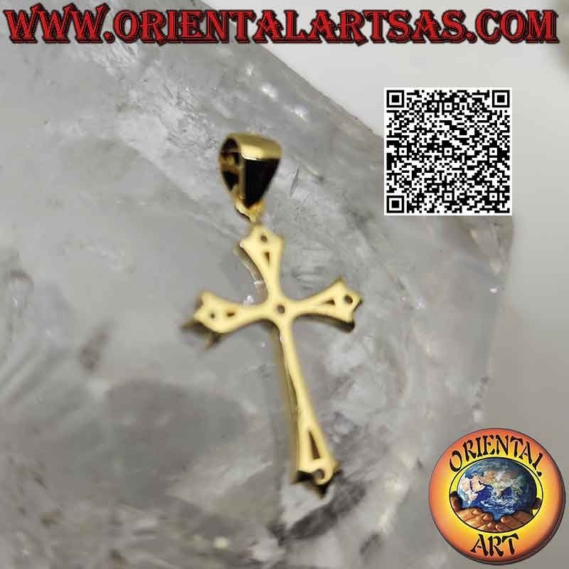 Ciondolo in argento, croce latina gigliata liscia con zirconi tondi alle estremità e al centro (placcata oro)