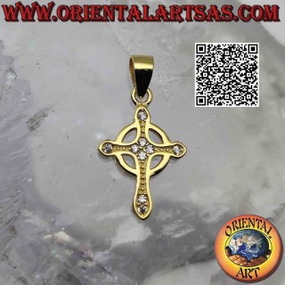 Colgante de plata, cruz celta simple y lisa con circonitas redondas (chapado en oro)