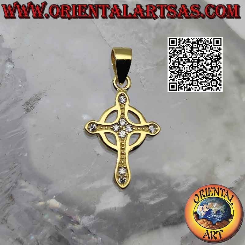 Ciondolo in argento, croce celtica semplice e liscia con zirconi tondi (placcata oro)