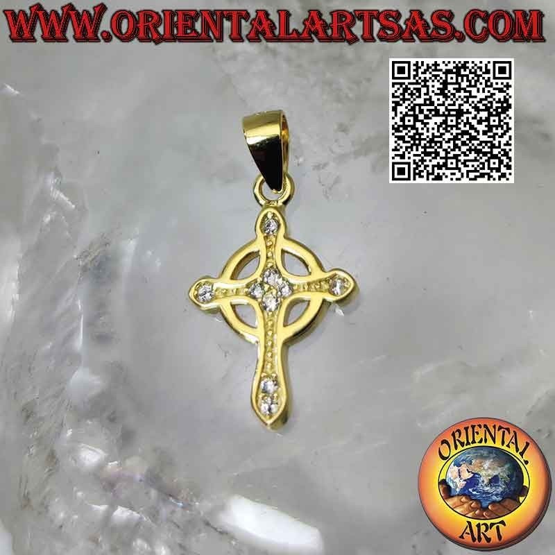 Colgante de plata, cruz celta simple y lisa con circonitas redondas (chapado en oro)