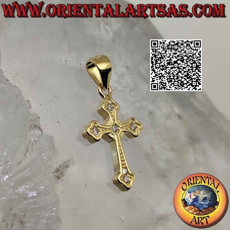 Pendentif en argent, croix presbytérienne lisse avec zircons ronds aux extrémités et au centre (plaqué or)