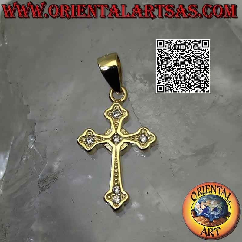 Colgante de plata, cruz presbiteriana lisa con circonitas redondas en los extremos y en el centro (bañada en oro)