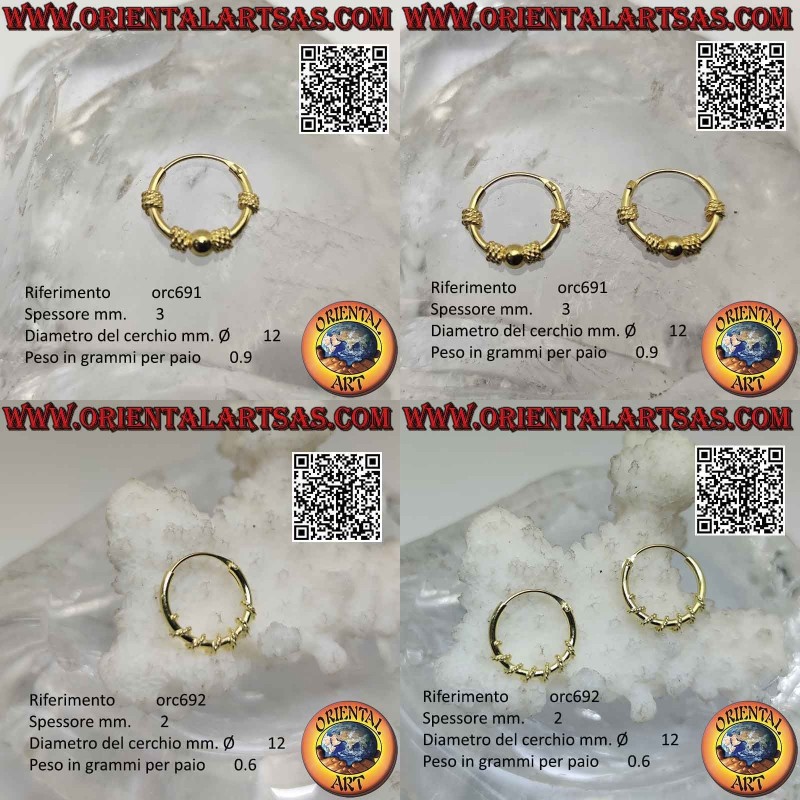 925 ‰ silver earring, gold plated worked circle, 12 mm