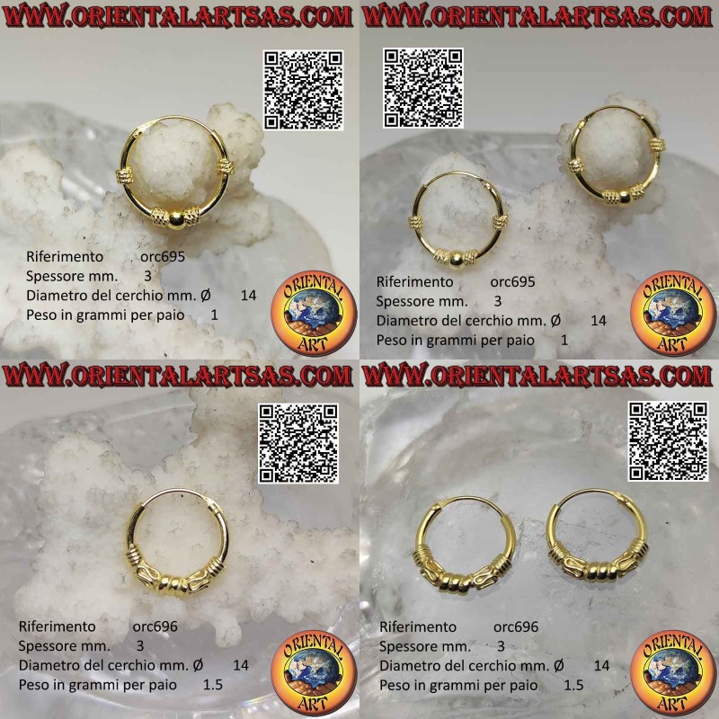 Boucle d'oreille en argent 925‰, cercle travaillé plaqué or, 14 mm