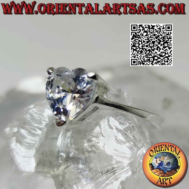 Bague en argent rhodié avec zircon blanc serti d'un cœur en relief et ouverture sous-jacente