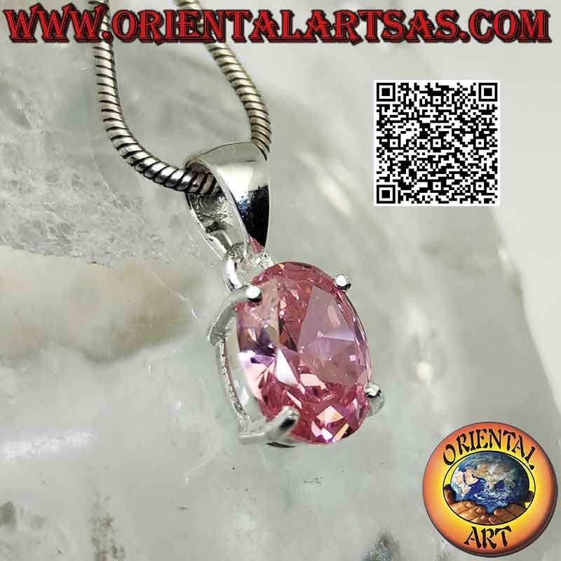 Ciondolo in argento con zircone rosa di Francia sfaccettato ovale incastonato su montatura liscia doppia
