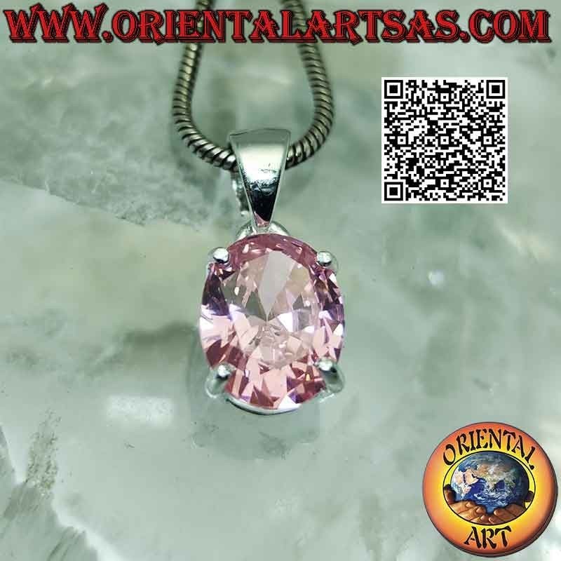 Pendentif en argent avec zircon rose français ovale à facettes serti dans un double sertissage lisse