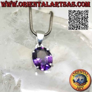 Silver pendant with oval faceted synthetic amethyst set on double smooth setting