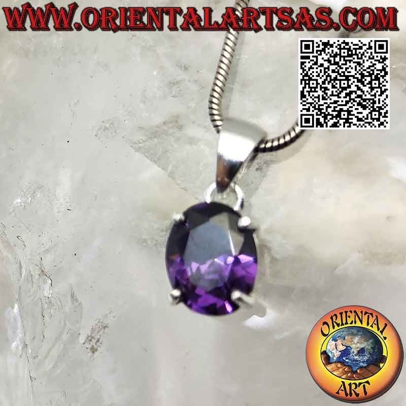 Silberanhänger mit oval facettiertem synthetischem Amethyst auf doppelt glatter Fassung