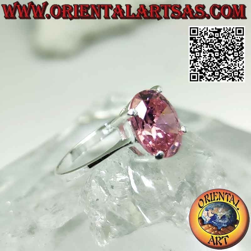 Bague en argent avec zircon rose français ovale facetté serti dans un double sertissage lisse