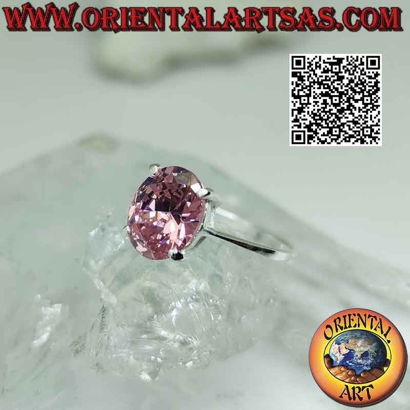 Anillo de plata con zirconio rosa francés facetado ovalado engastado en doble engaste liso