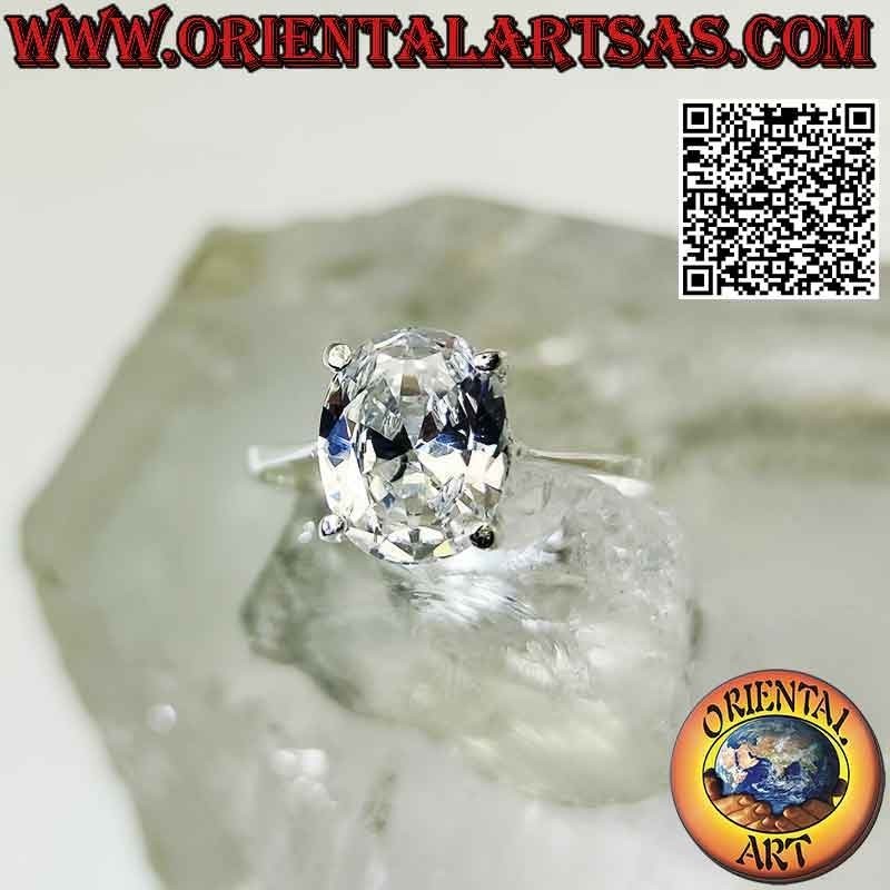 Silver ring with oval faceted white zircon set in a double smooth setting