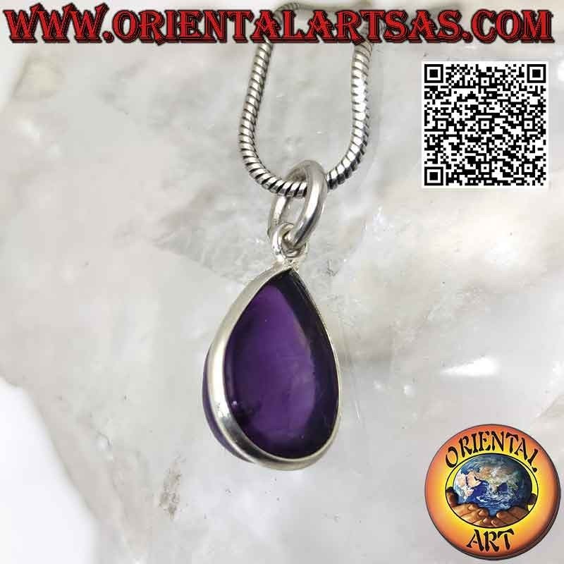 Ciondolo in ametista naturale a goccia burattata con solo bordo e gancio in argento 925 ‰ liscio