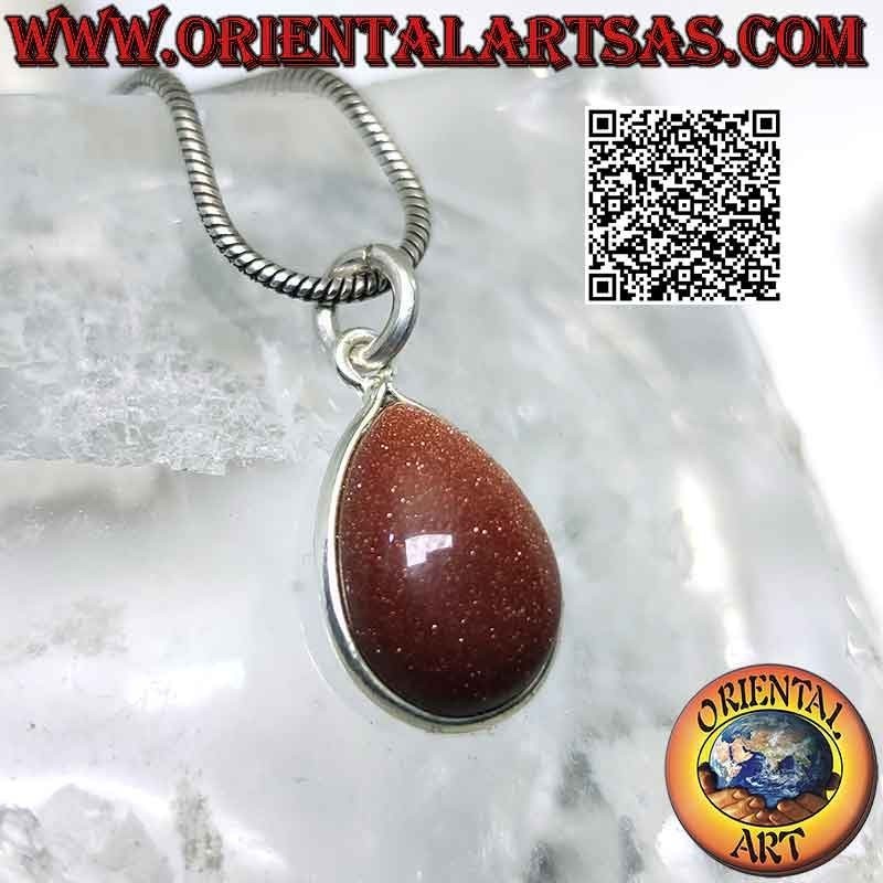 Pendentif pierre de soleil naturelle en goutte roulée avec seul bord et crochet en argent 925‰ lisse