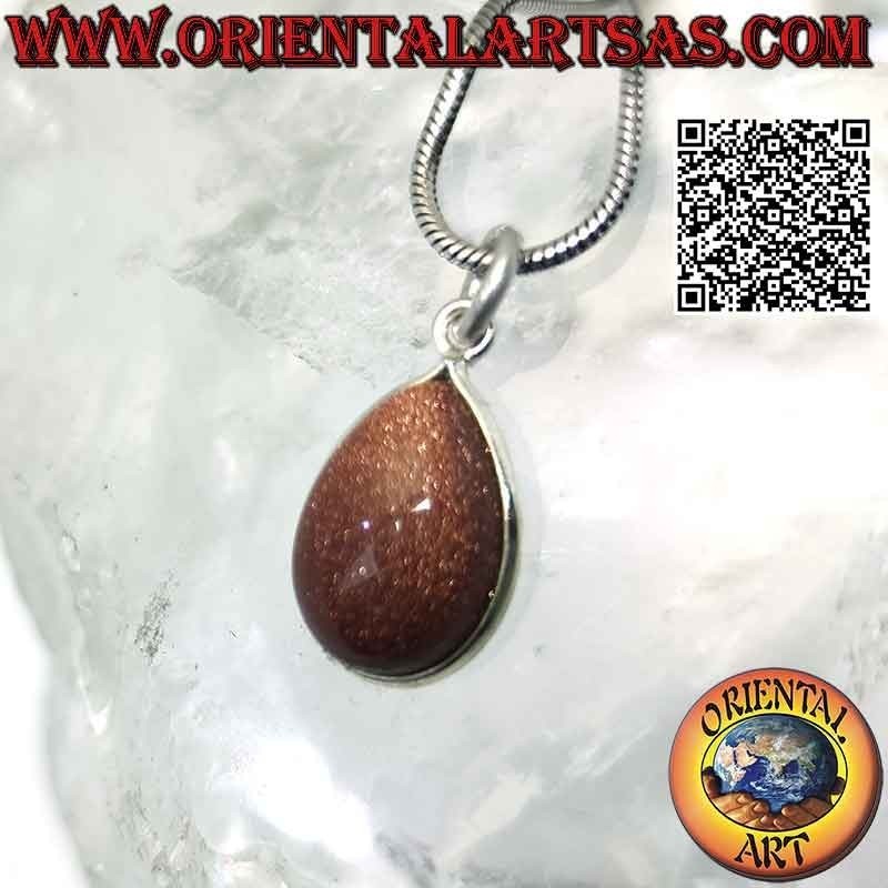 Ciondolo in pietra del sole (sunstone) naturale a goccia burattata con solo bordo e gancio in argento 925 ‰ liscio