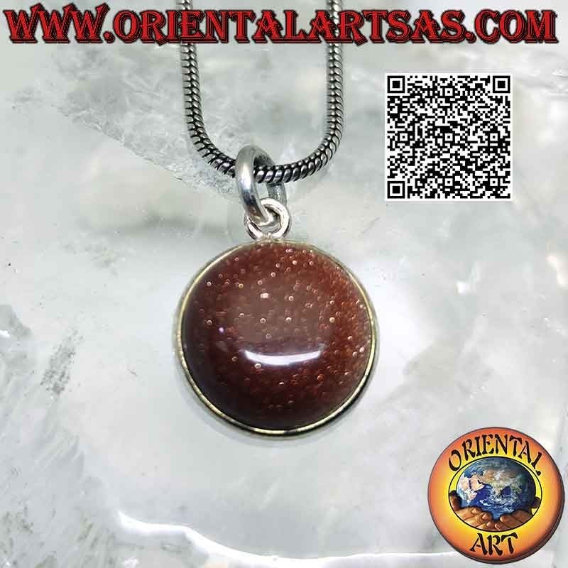 Ciondolo in pietra del sole (sunstone) naturale tonda burattata con solo bordo e gancio in argento 925 ‰ liscio
