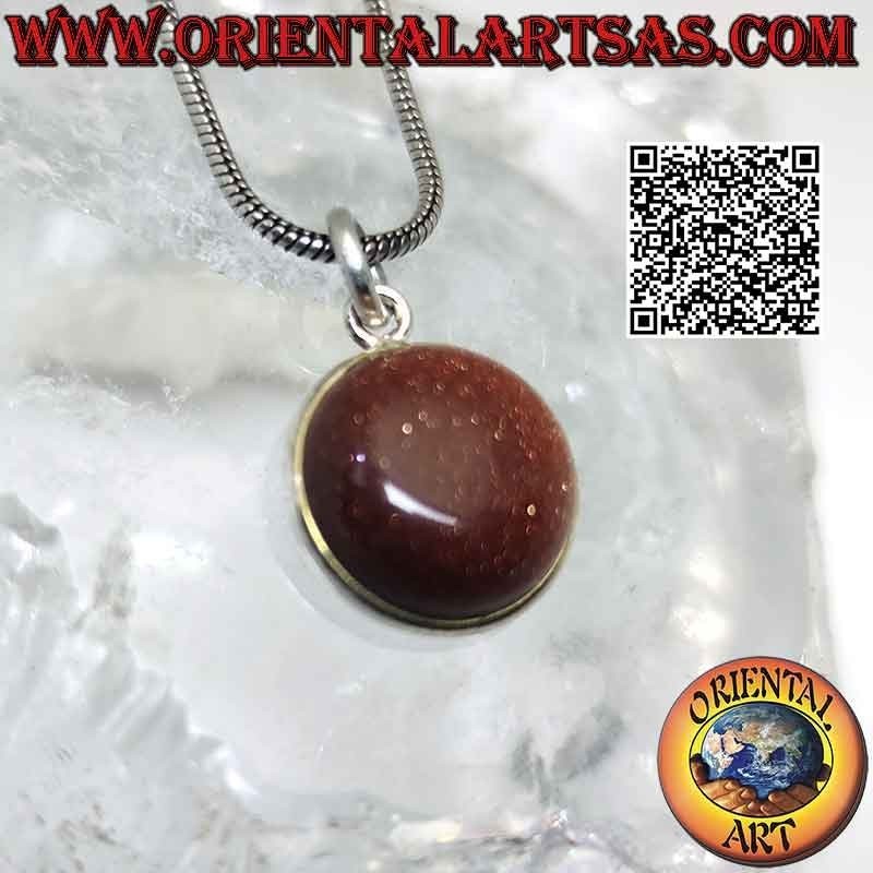 Ciondolo in pietra del sole (sunstone) naturale tonda burattata con solo bordo e gancio in argento 925 ‰ liscio