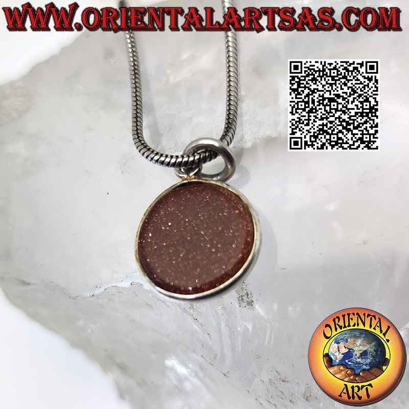 Natural round tumbled sunstone pendant with only edge and hook in smooth 925 ‰ silver