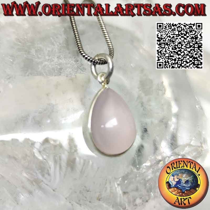 Ciondolo in quarzo rosa naturale a goccia burattato con solo bordo e gancio in argento 925 ‰ liscio