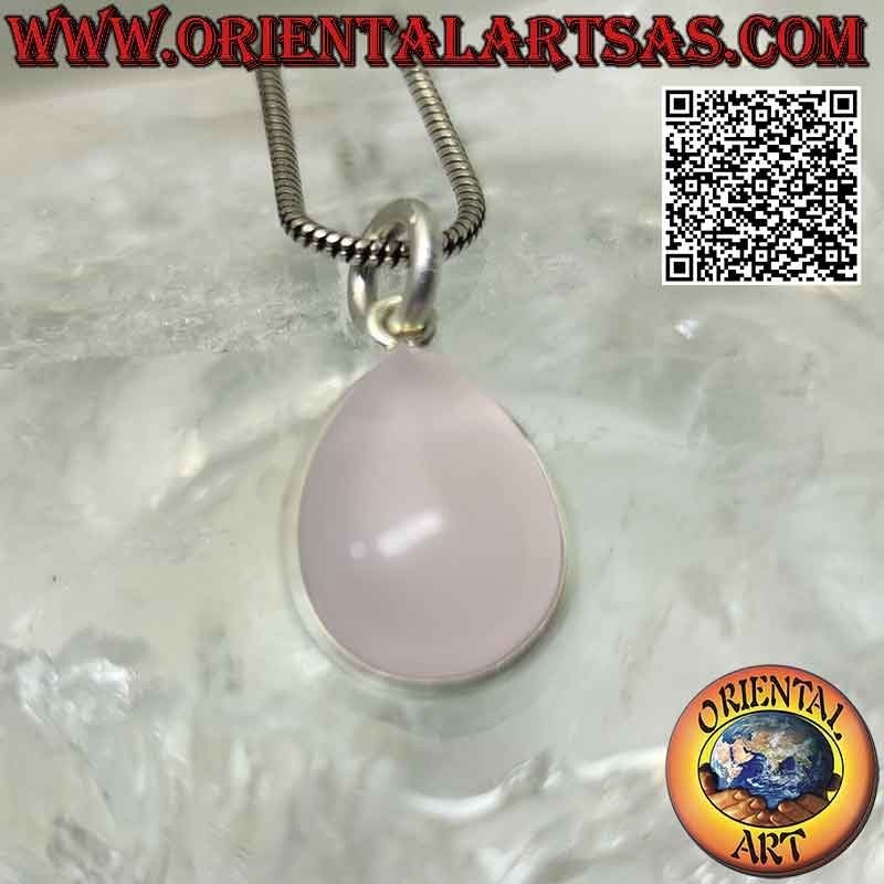 Colgante de cuarzo rosa natural con gota abatible con borde liso de plata 925 ‰ y solo gancho