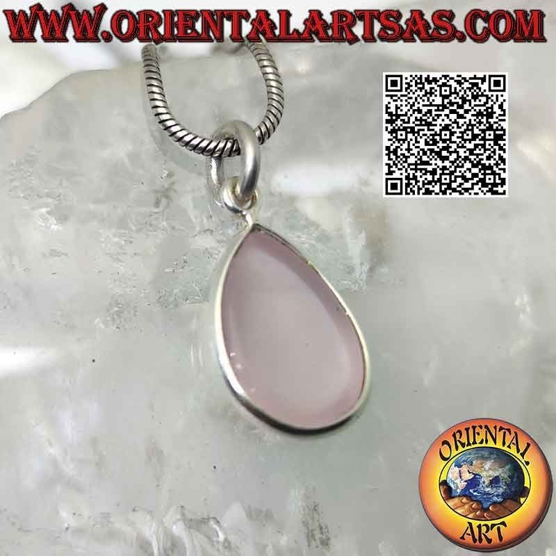 Colgante de cuarzo rosa natural con gota abatible con borde liso de plata 925 ‰ y solo gancho