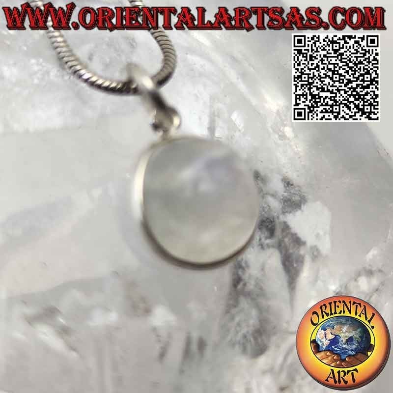 Tumbled natural round rainbow moonstone pendant with smooth 925 ‰ silver edge only and hook