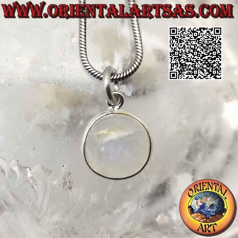Colgante de piedra de luna arcoíris redonda natural tumbada con borde liso de plata 925 ‰ y gancho