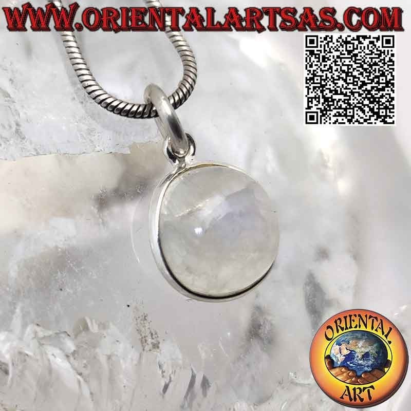 Tumbled natural round rainbow moonstone pendant with smooth 925 ‰ silver edge only and hook