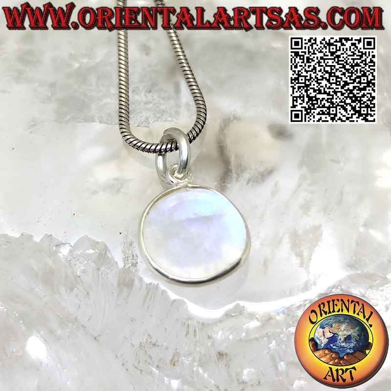 Colgante de piedra de luna arcoíris redonda natural tumbada con borde liso de plata 925 ‰ y gancho