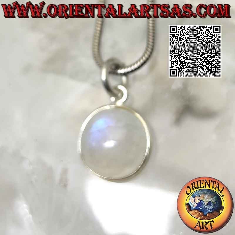 Pendentif en pierre de lune arc-en-ciel naturelle ronde roulée avec bordure lisse en argent 925 ‰ uniquement et crochet