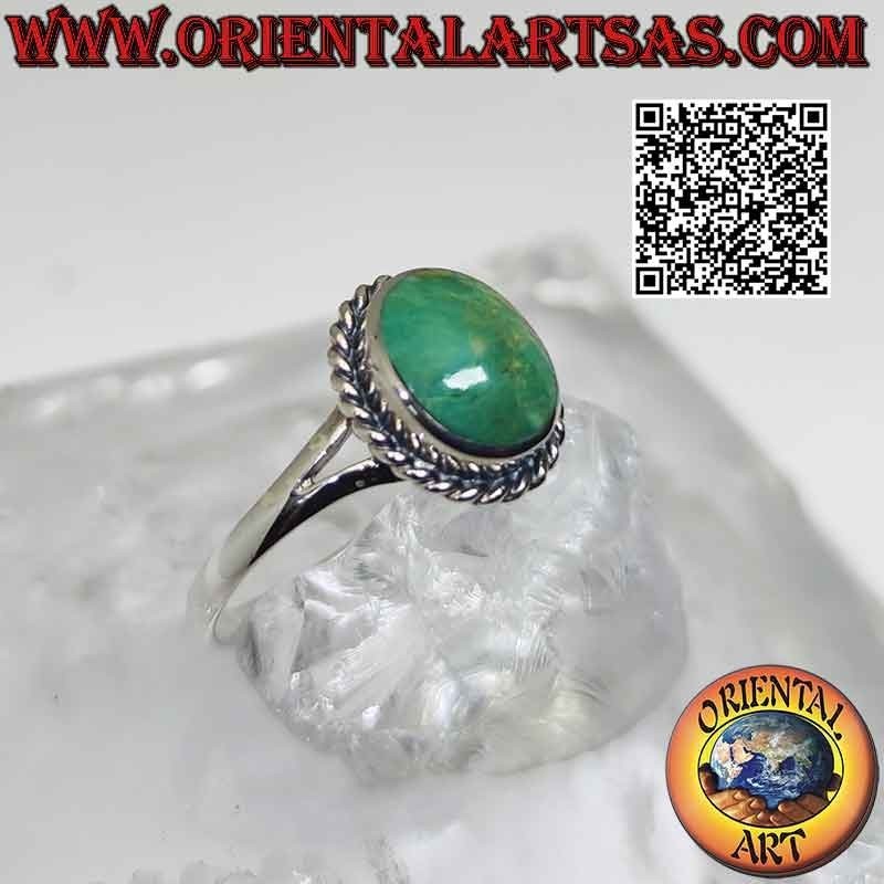 Silver ring with natural oval Arizona turquoise surrounded by a twisted edge