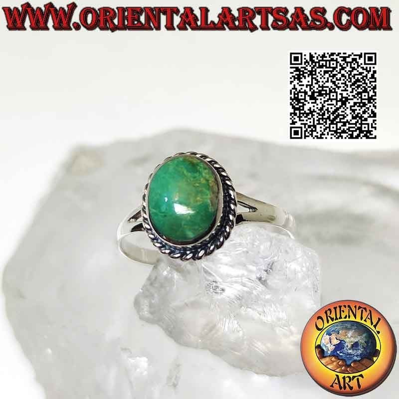 Silver ring with natural oval Arizona turquoise surrounded by a twisted edge