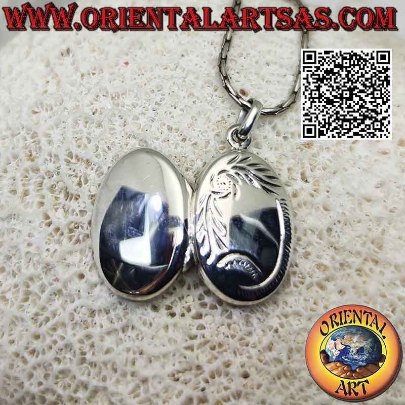 Colgante Medallón Plata Oval Liso Marco Floral Grabado 20x15mm