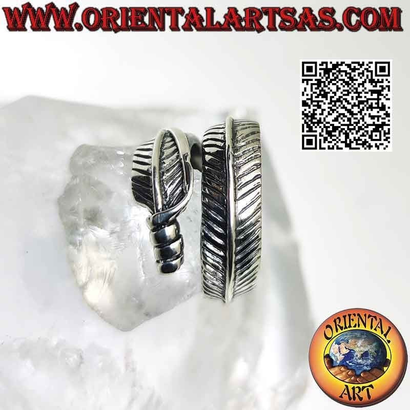 Silver ring with a long, rounded and thick adjustable feather, a symbol of purification