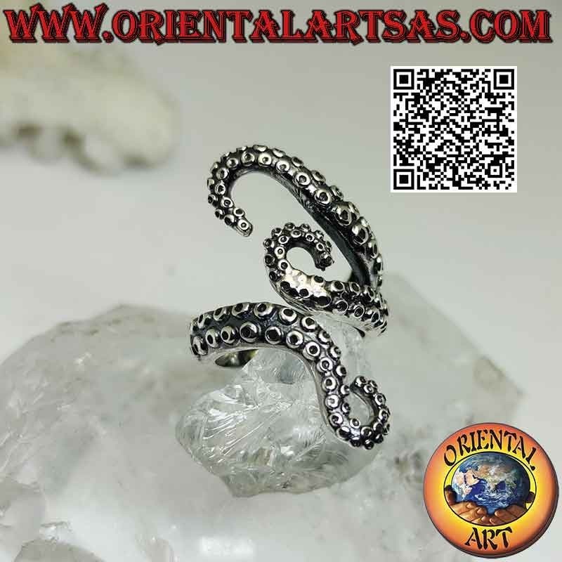 Anello in argento, i tre tentacoli del polpo (piovra) o octopus avvolgenti