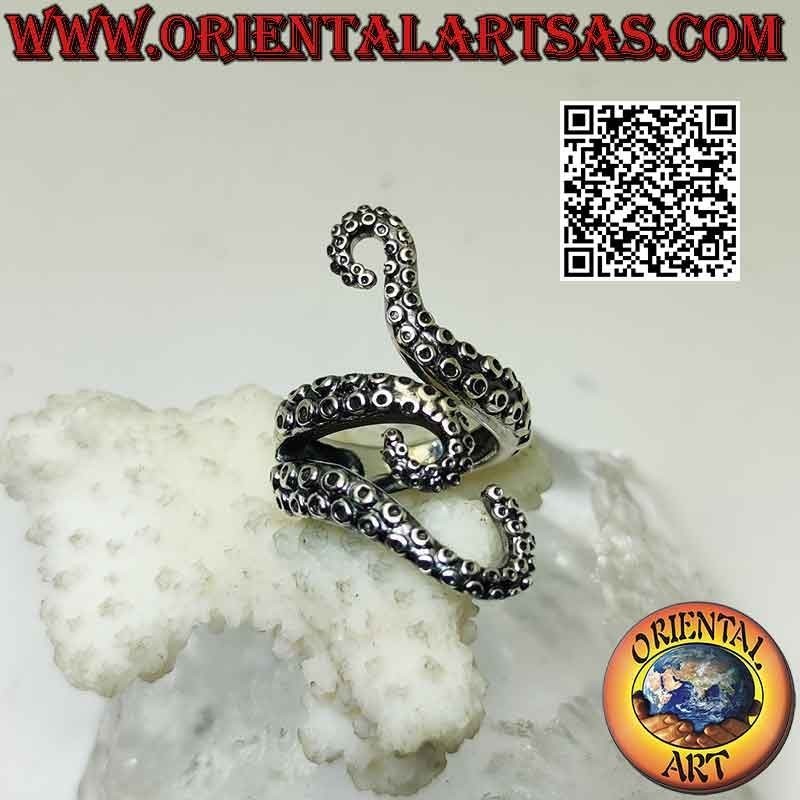 Anello in argento, i tre tentacoli del polpo (piovra) o octopus avvolgenti