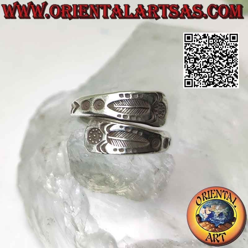 Anillo Karen de plata con doble banda y pluma grabada (ajustable)