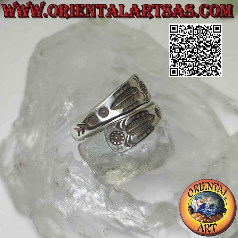 Anello in argento Karen a doppia fascetta con piuma incisa (regolabile)