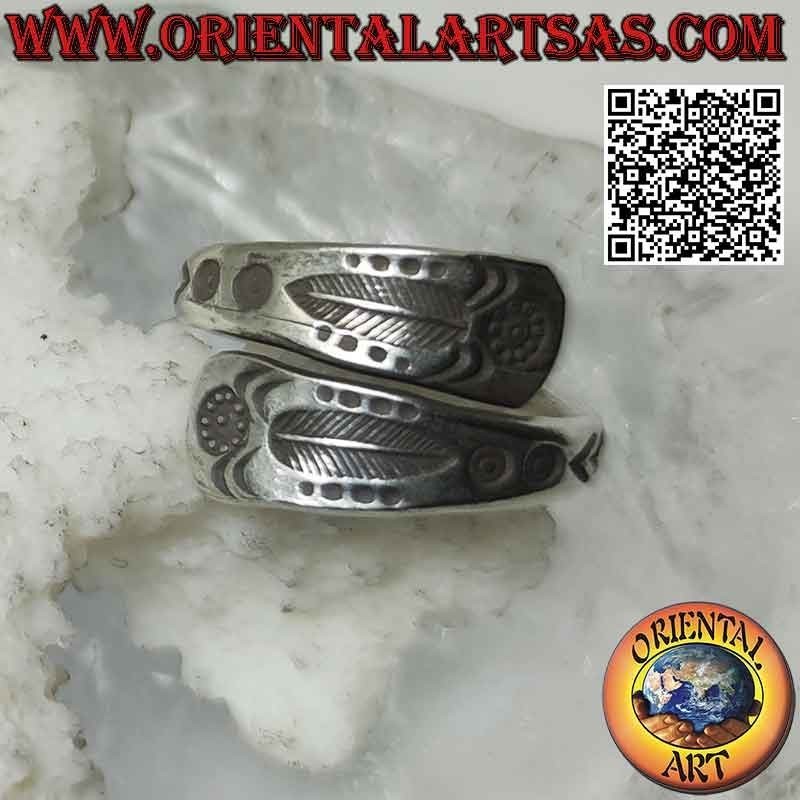 Bague double anneau en argent Karen avec plume gravée (réglable)