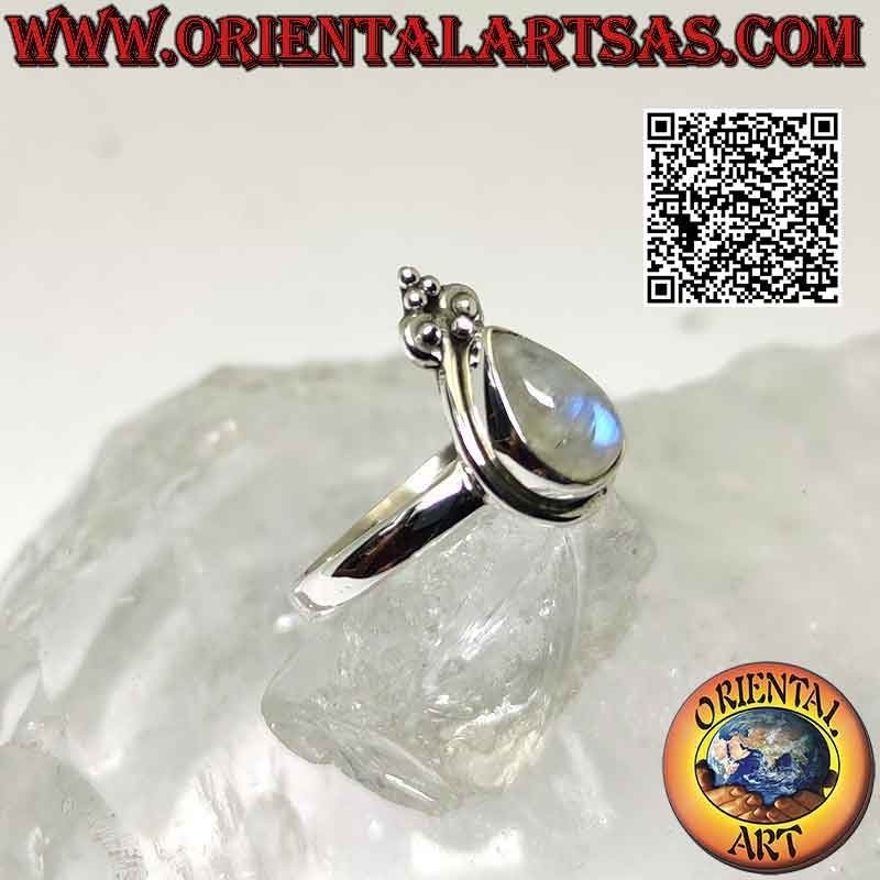 Bague en argent avec pierre de lune arc-en-ciel en forme de larme et lys