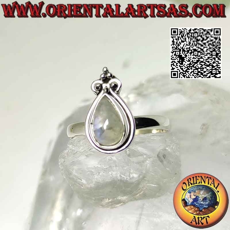 Anillo de plata con lágrima piedra luna arcoiris y lirio