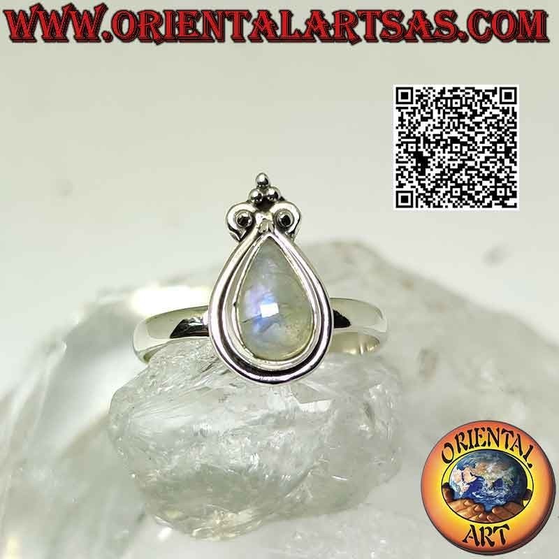 Silver ring with teardrop rainbow moonstone and lily