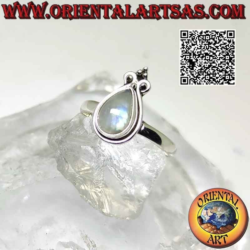 Anello in argento con pietra di luna arcobaleno a goccia e giglio