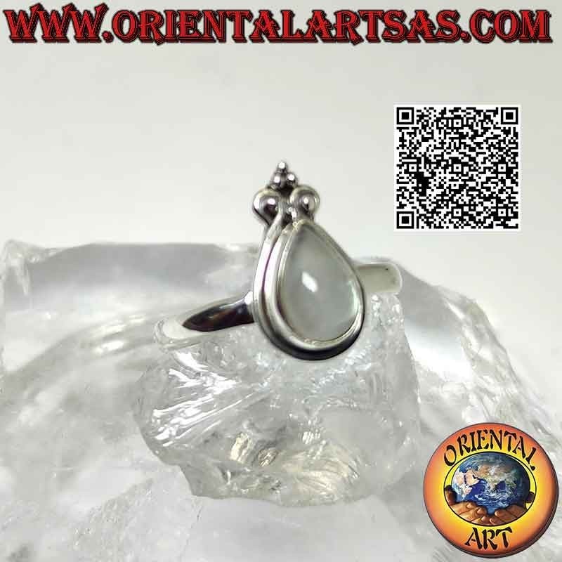 Bague en argent avec pierre de lune arc-en-ciel en forme de larme et lys