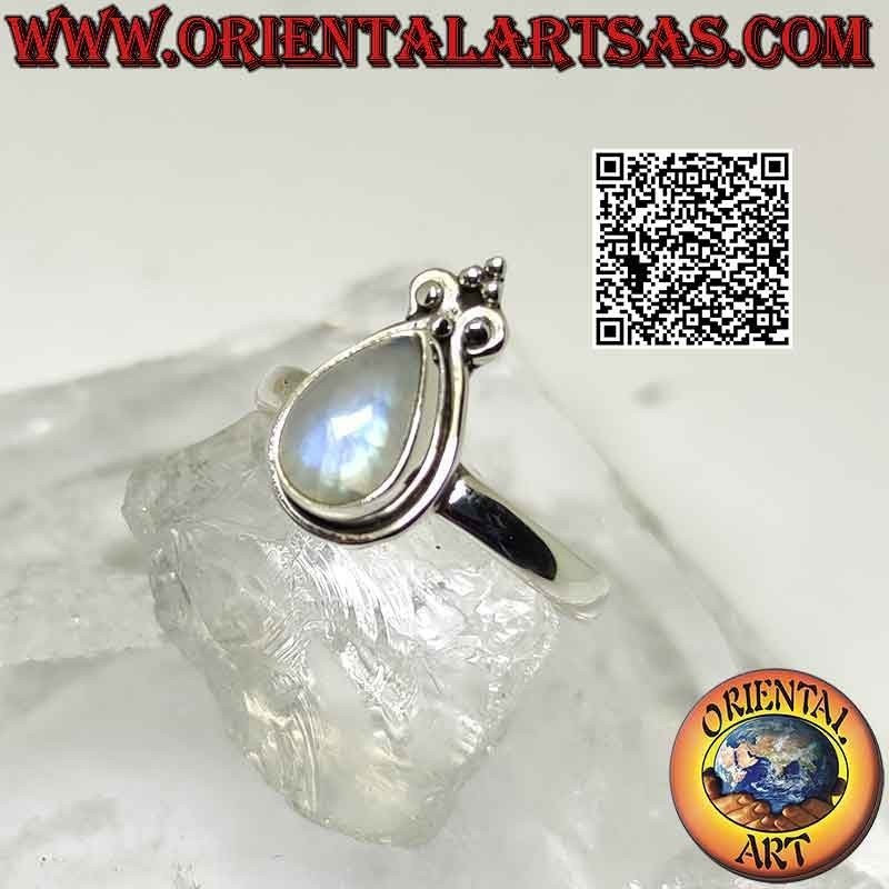 Bague en argent avec pierre de lune arc-en-ciel en forme de larme et lys